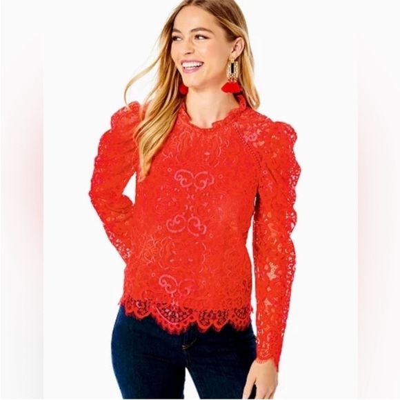 Lilly Pulitzer Averi Lace Top Ruby Red Two Tone Carnival Lace Shirt Sz S - Picture 2 of 16